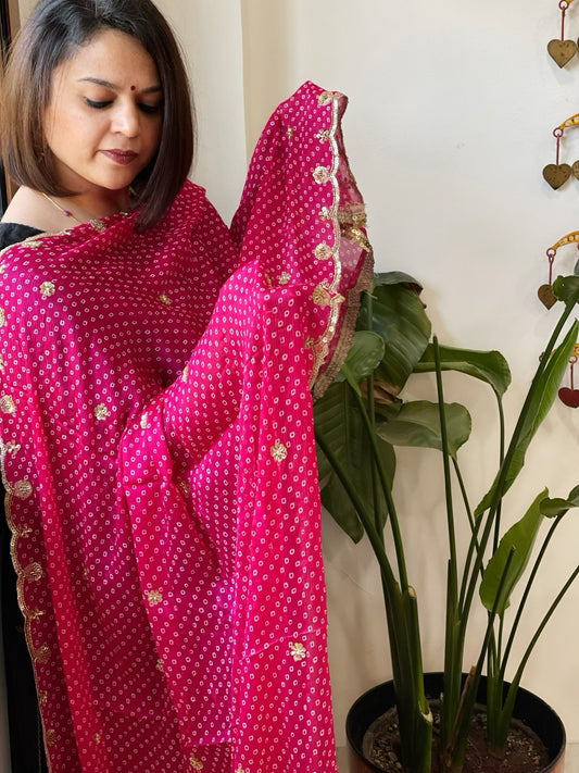 Hot Pink Printed Bandhej Chinon Dupatta with Sequin Butas and Border - Masakalee