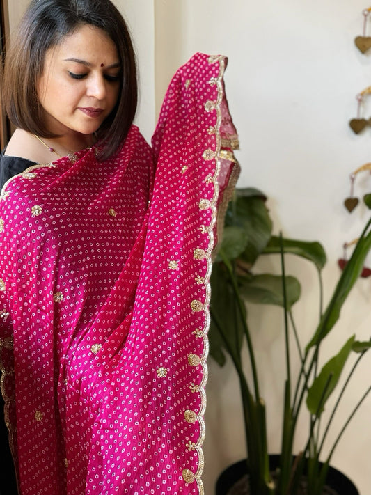 Hot Pink Printed Bandhej Chinon Dupatta with Sequin Butas and Border - Masakalee