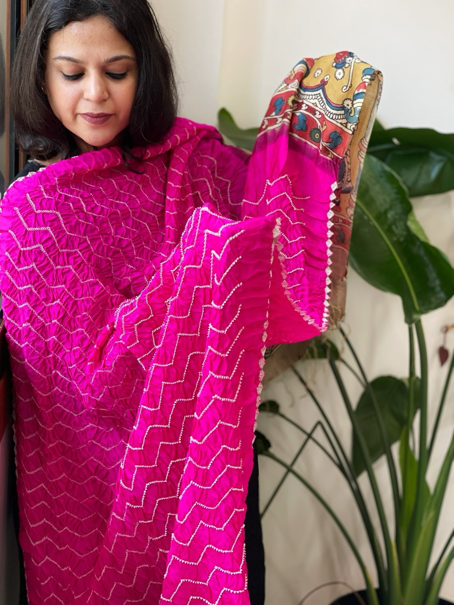 Hot Pink Rai Bandhej Dupatta with Handpainted Kalamkari Pallu in Pure Muga Silk - Masakalee