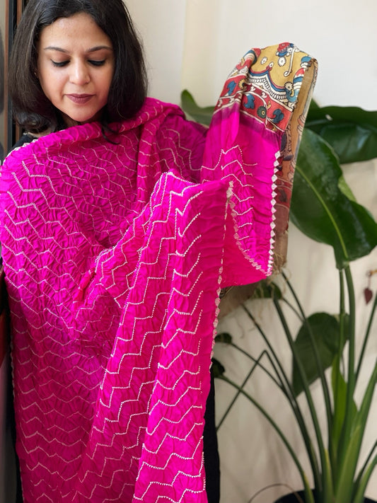 Hot Pink Rai Bandhej Dupatta with Handpainted Kalamkari Pallu in Pure Muga Silk - Masakalee