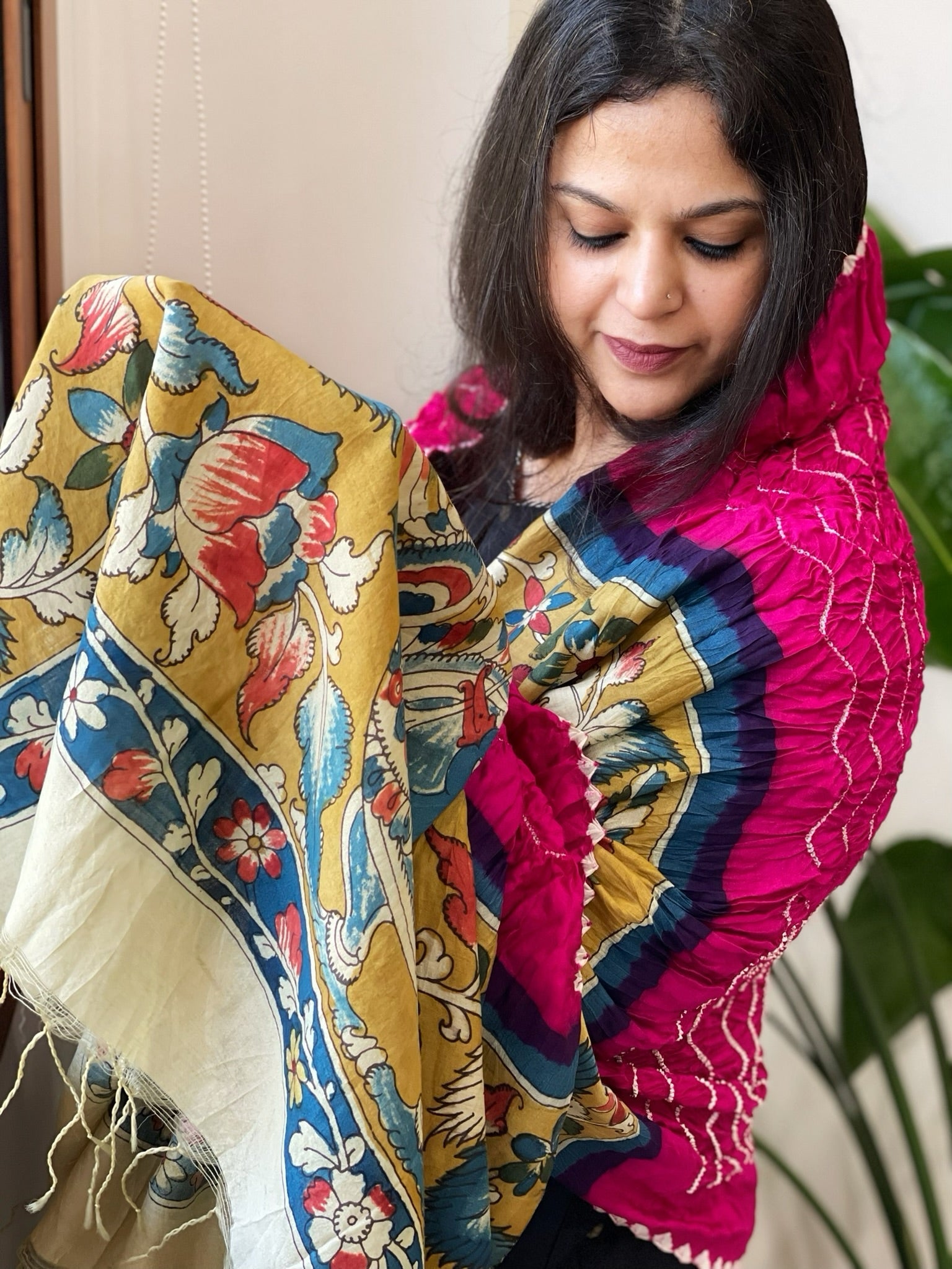 Hot Pink Rai Bandhej Dupatta with Handpainted Kalamkari Pallu in Pure Muga Silk - Masakalee