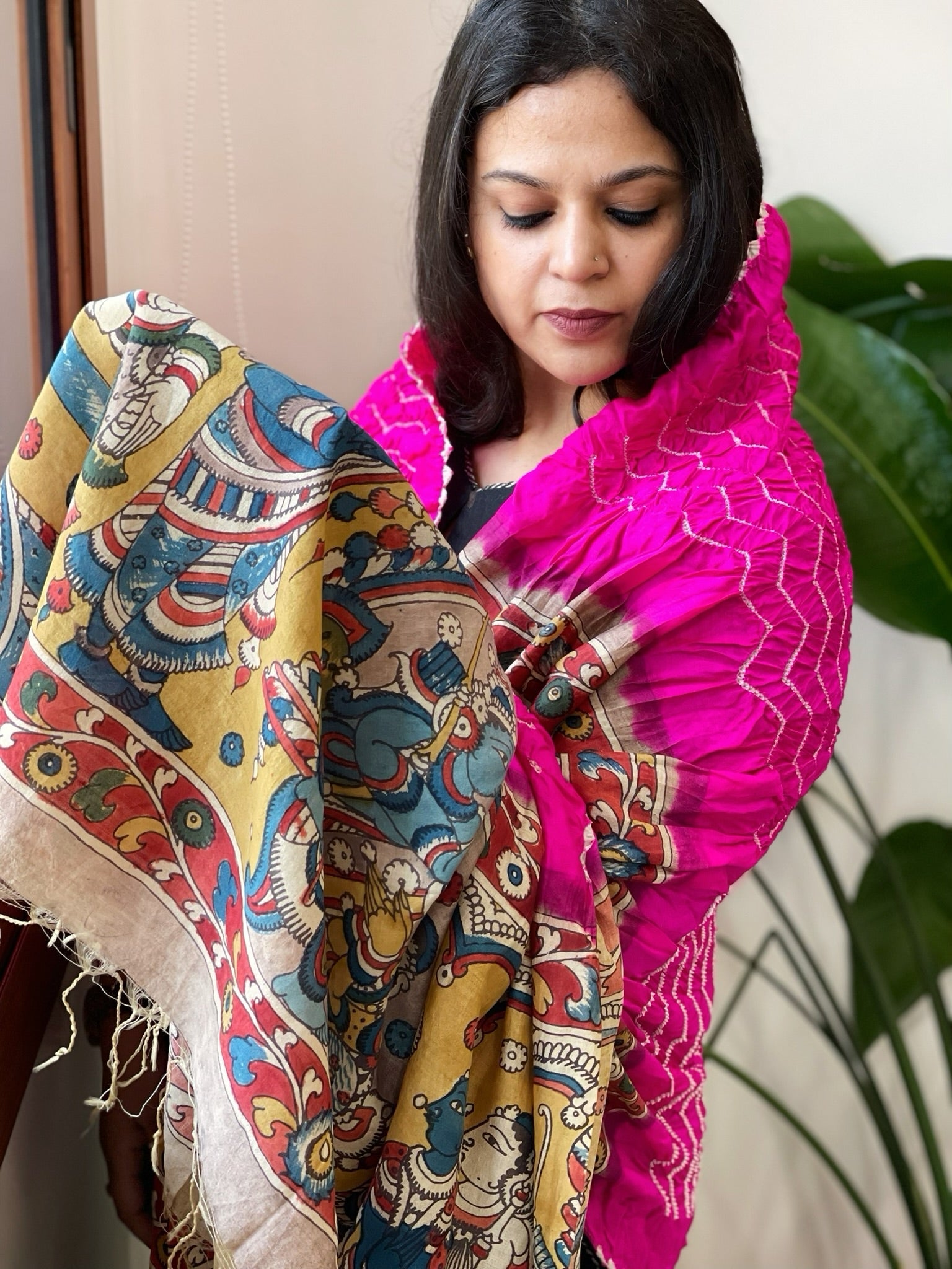 Hot Pink Rai Bandhej Dupatta with Handpainted Kalamkari Pallu in Pure Muga Silk - Masakalee