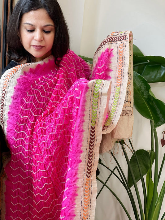 Hot Pink Rai Bandhej Dupatta with Kantha Handwork in Pure Munga Tussar Silk - Masakalee