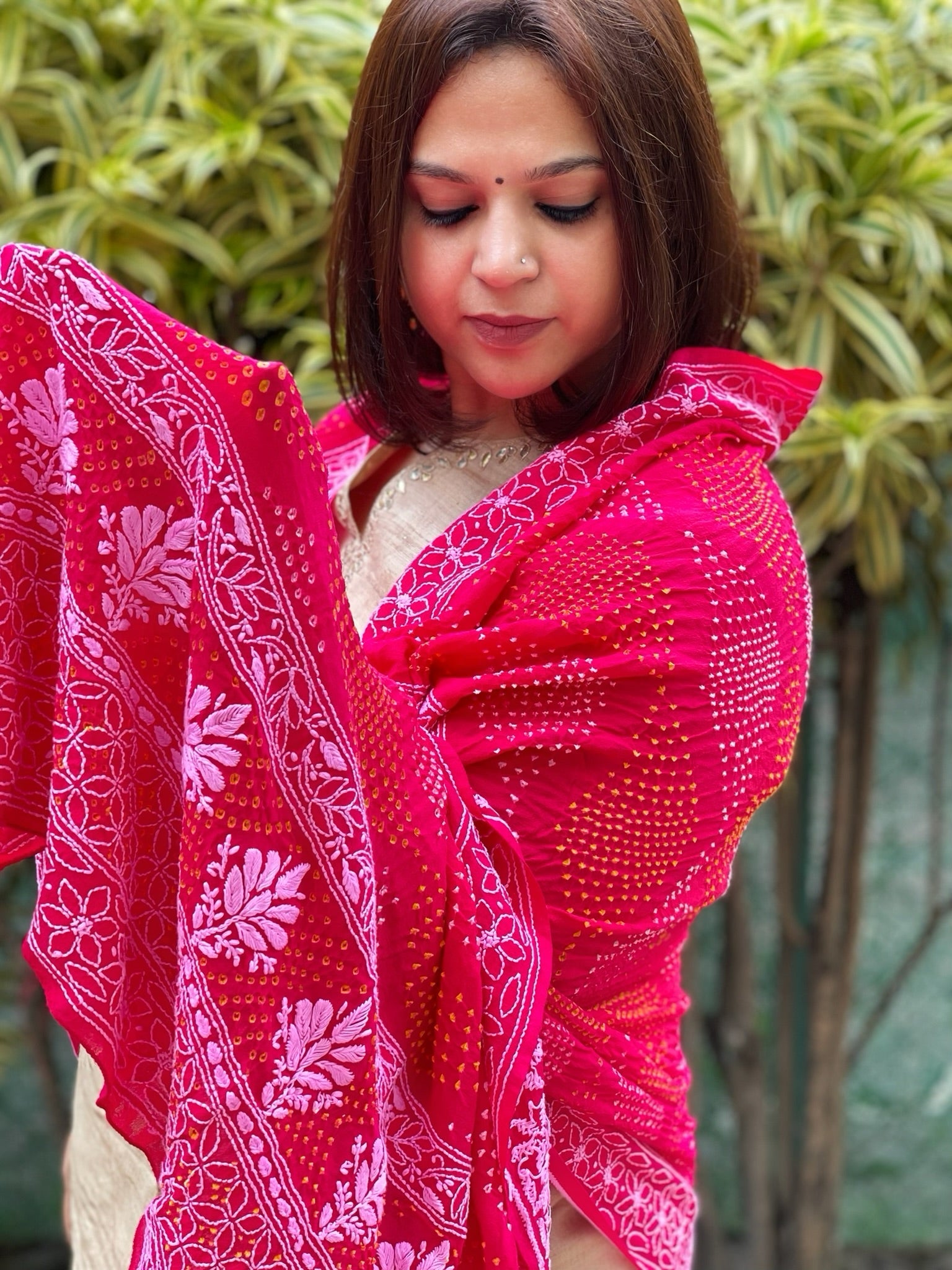 Hot Pink Rai Bandhej Dupatta with Lucknowi Handwork in Pure Georgette - Masakalee