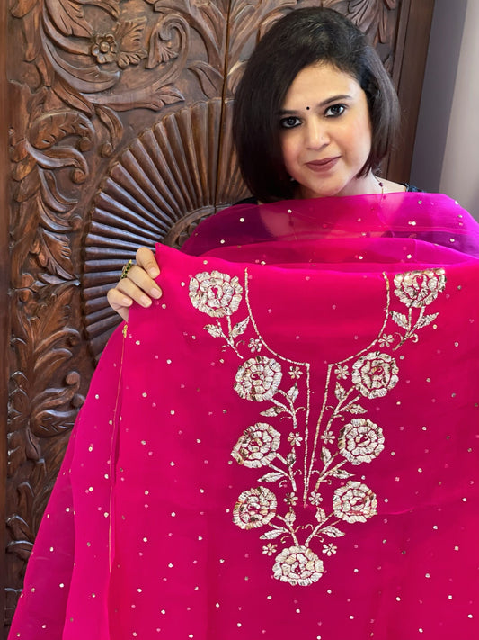 Hot Pink Suit Set with Mukaish Badla Handwork in Pure Organza - Masakalee