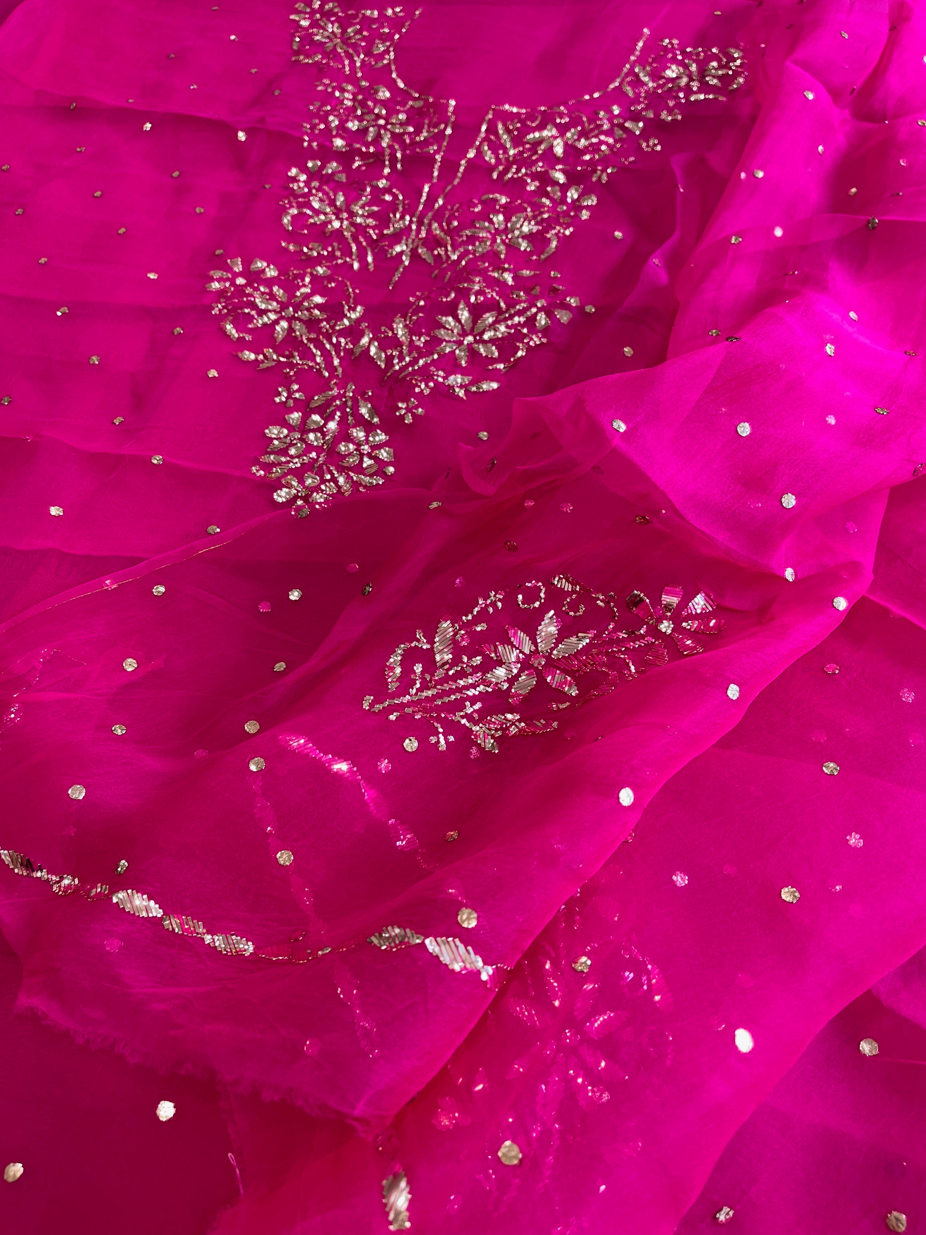 Hot Pink Suit Set with Mukaish Badla Handwork in Pure Organza - Masakalee
