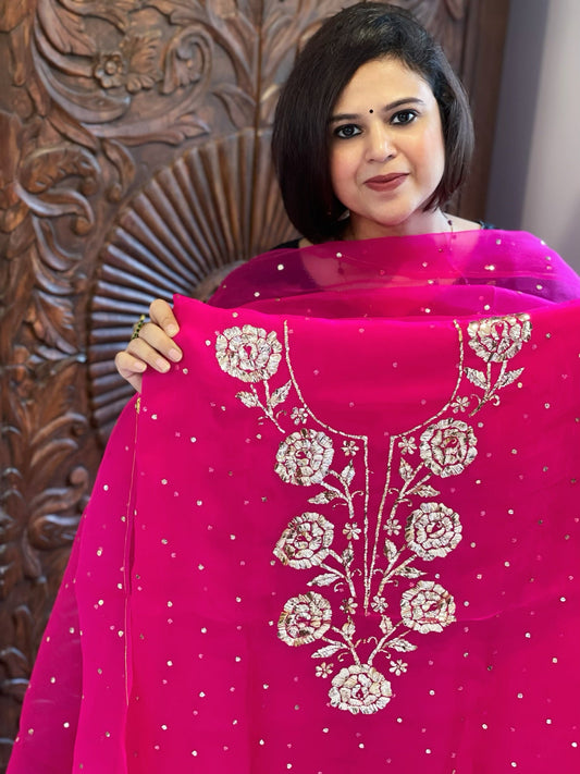 Hot Pink Suit Set with Mukaish Badla Handwork in Pure Organza - Masakalee
