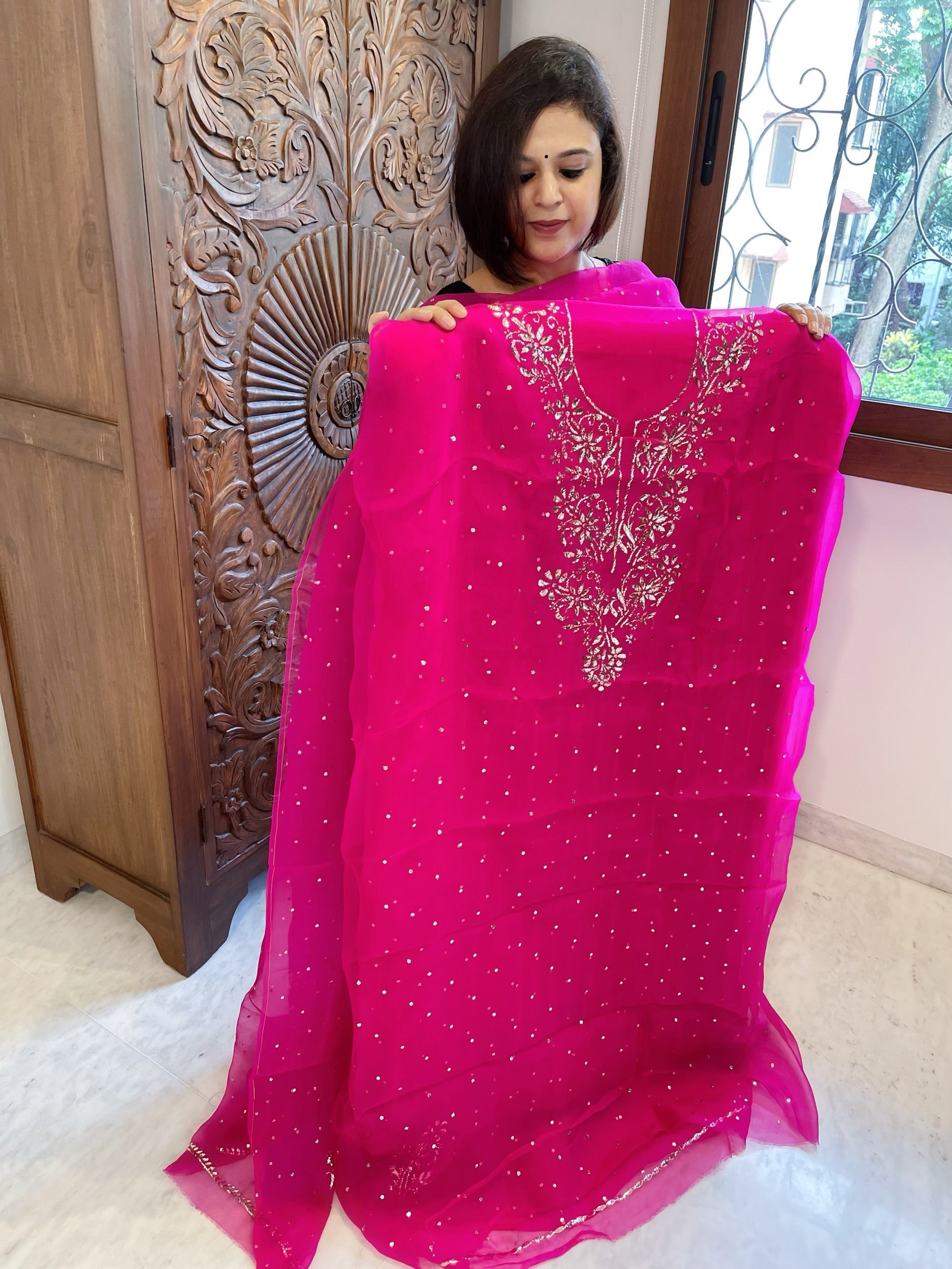 Hot Pink Suit Set with Mukaish Badla Handwork in Pure Organza - Masakalee