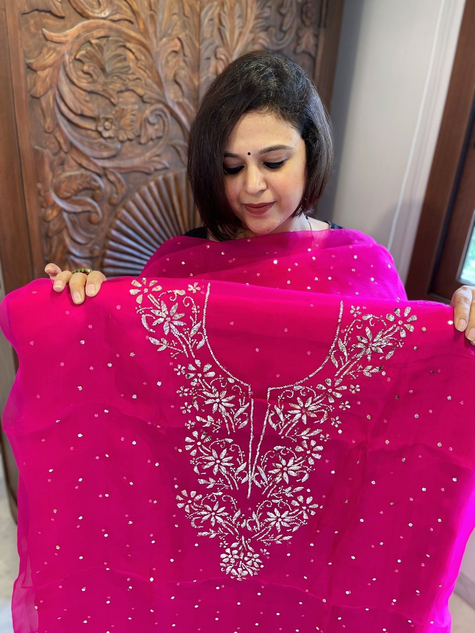 Hot Pink Suit Set with Mukaish Badla Handwork in Pure Organza - Masakalee