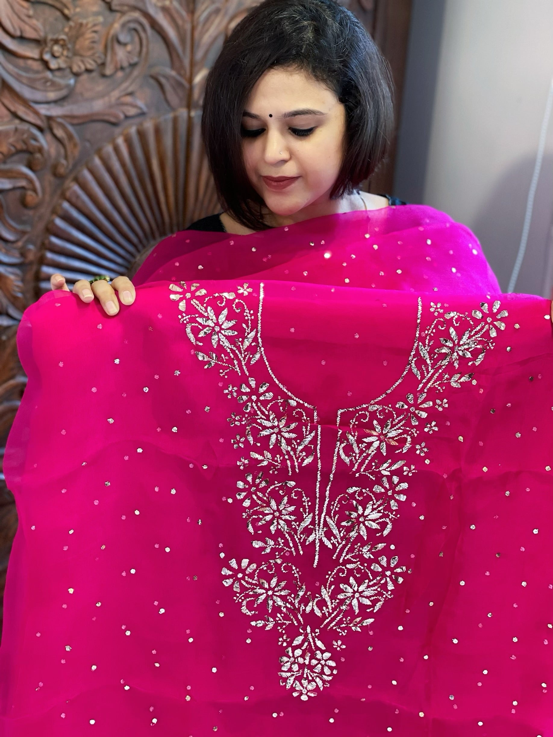 Hot Pink Suit Set with Mukaish Badla Handwork in Pure Organza - Masakalee