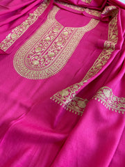 Hot Pink Winter Suit Set with Aari Work in Pashmina Wool - Masakalee