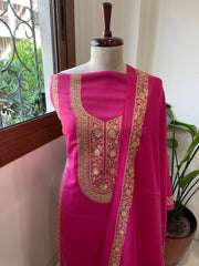 Hot Pink Winter Suit Set with Aari Work in Pashmina Wool - Masakalee
