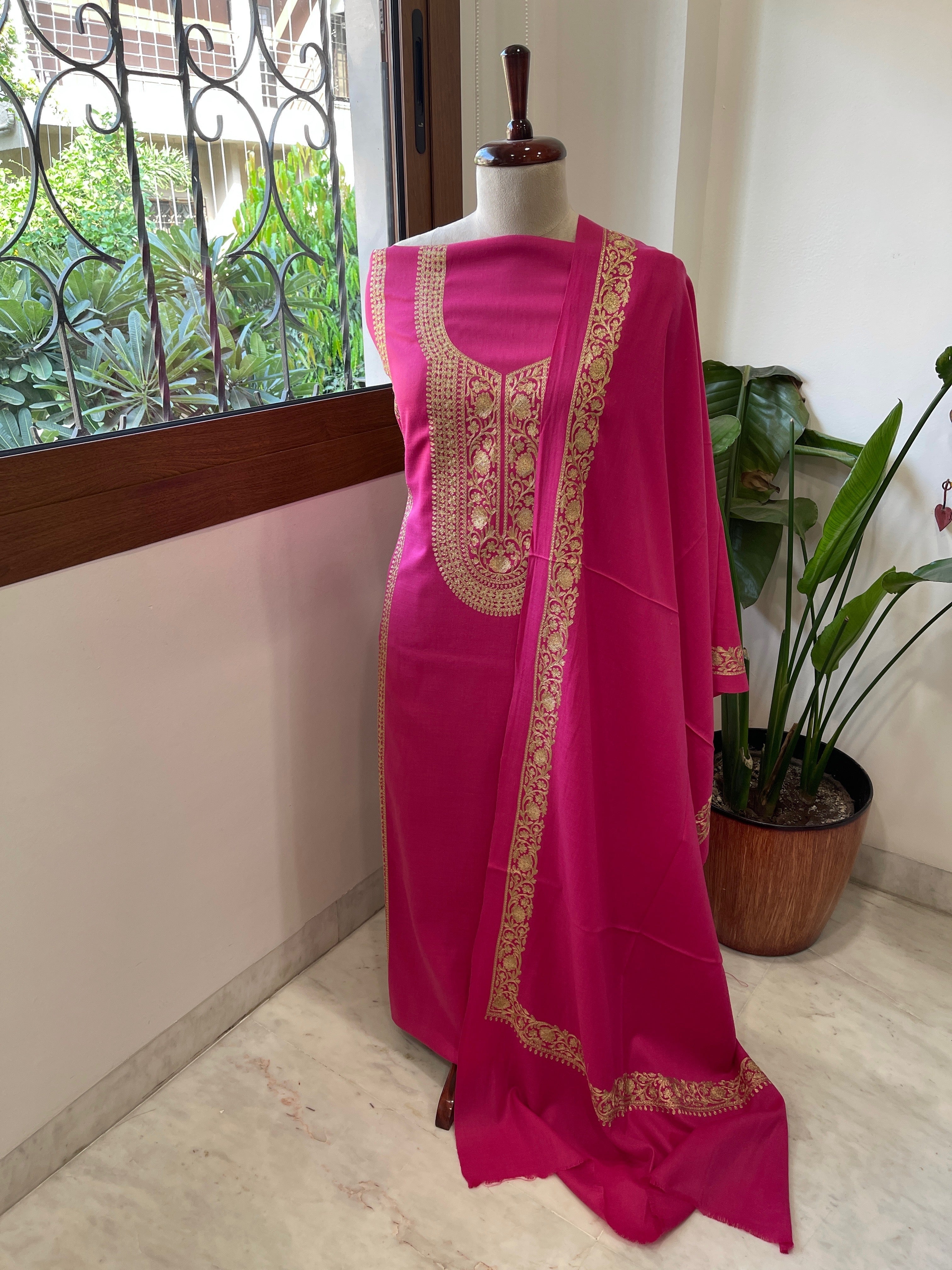 Hot Pink Winter Suit Set with Aari Work in Pashmina Wool - Masakalee