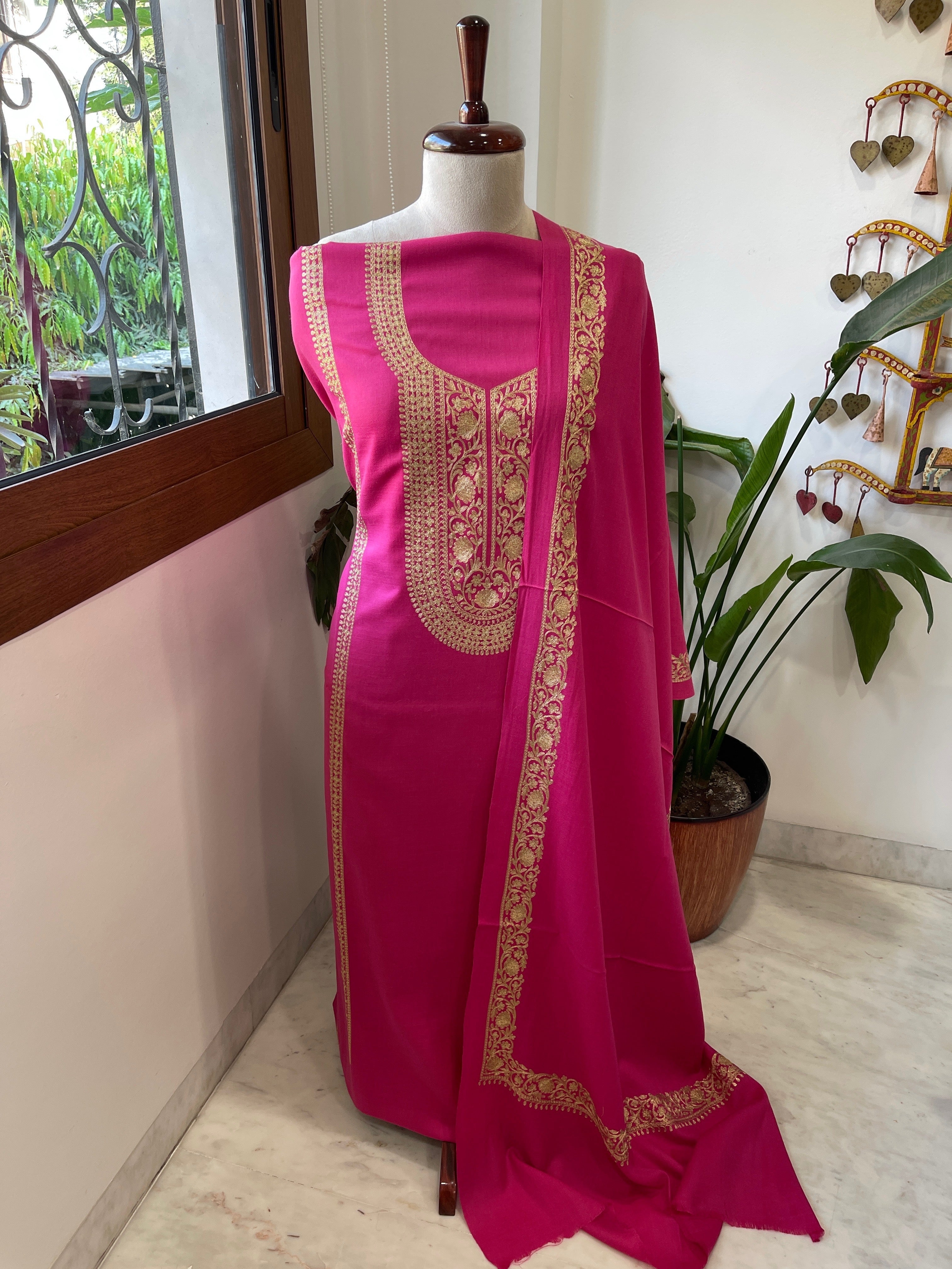 Hot Pink Winter Suit Set with Aari Work in Pashmina Wool - Masakalee