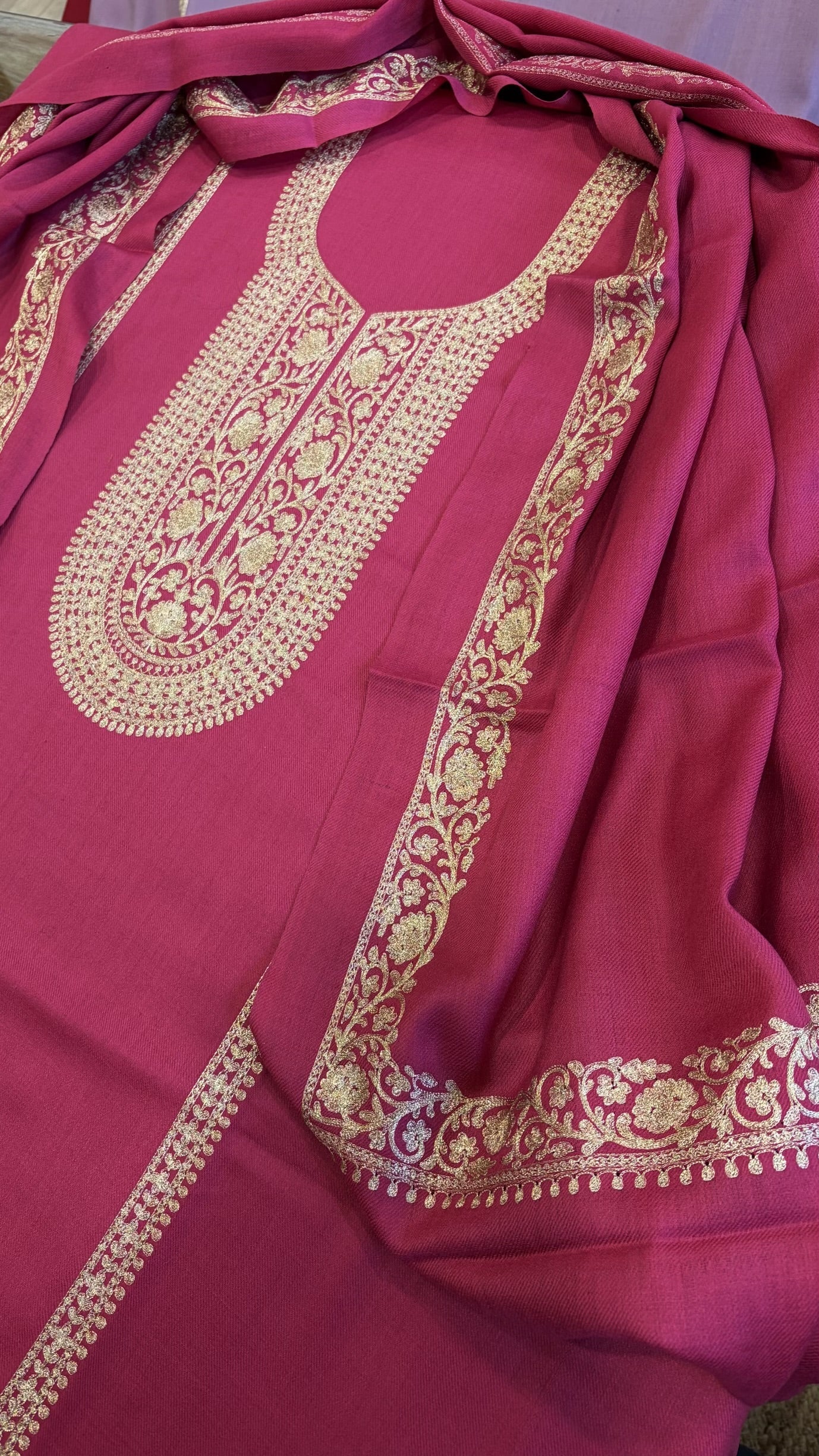 Hot Pink Winter Suit Set with Aari Work in Pashmina Wool - Masakalee