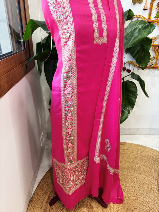 Hot Pink Winter Suit Set with Aari Work in Pashmina Wool - Masakalee