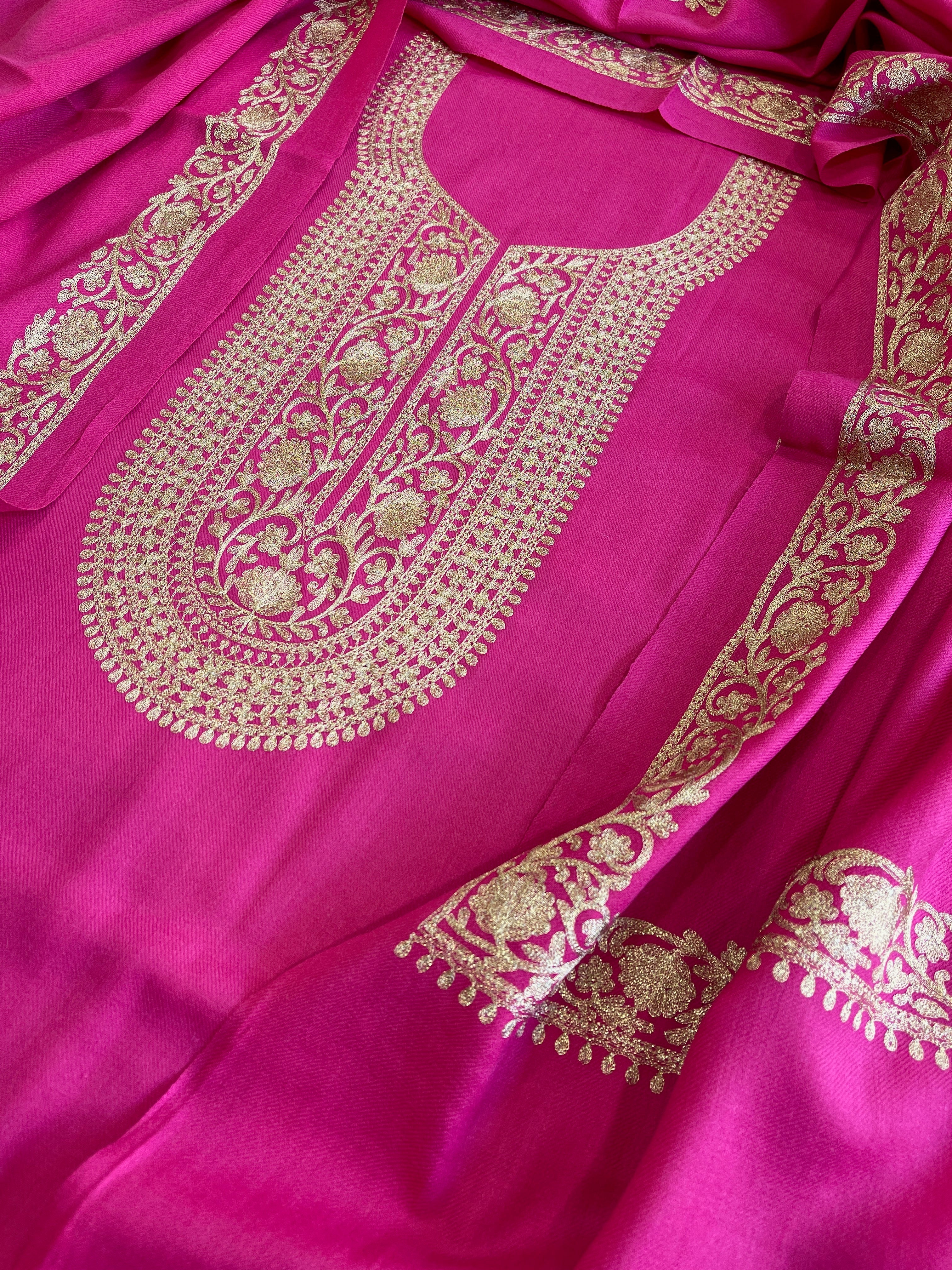 Hot Pink Winter Suit Set with Aari Work in Pashmina Wool - Masakalee