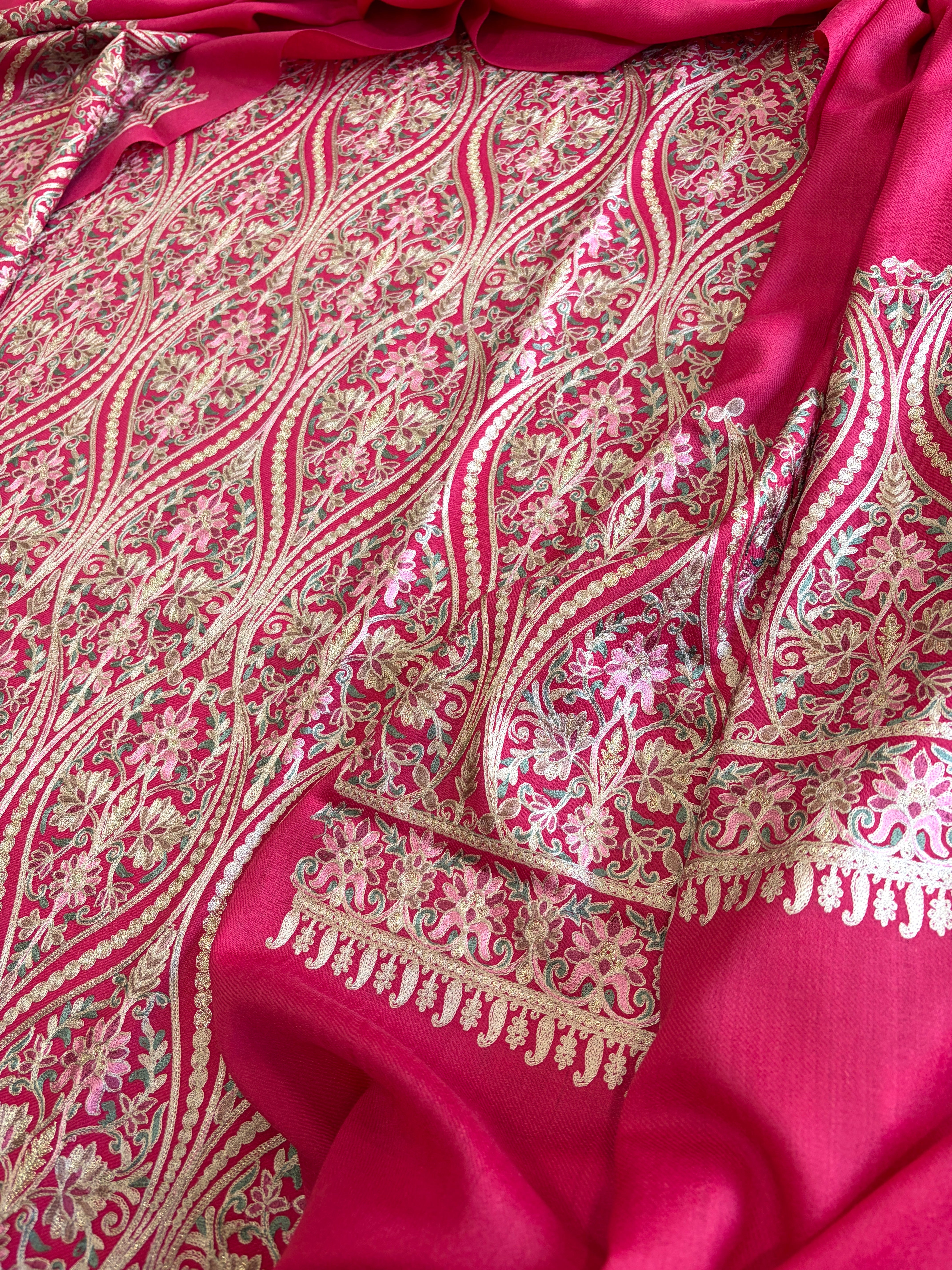 Hot Pink Winter Suit Set with Aari Work in Pashmina Wool - Masakalee