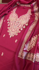 Hot Pink Winter Suit Set with Aari Work in Pashmina Wool - Masakalee