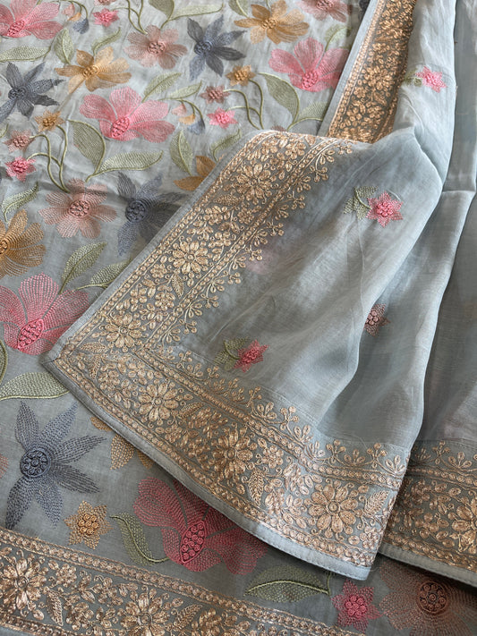 Ice Blue Suit Set with Thread Embroidery in Mul Cotton - Masakalee