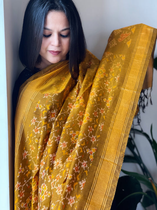 Mustard Handwoven Ikat Dupatta Pure Silk-Cotton