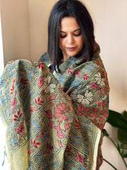 Green Handmade Nakshi Kantha Dupatta in Cotton-Silk