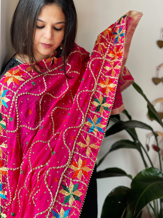 Pink Handmade Phulkari Dupatta in Pure Chinon with Gota Handwork