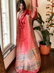 Carrot Red Handpainted Madhubani Dupatta in Pure Tussar Silk