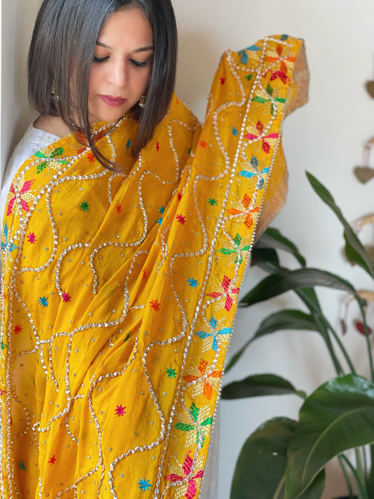 Haldi Yellow Handmade Phulkari Dupatta in Pure Chinon with Gota Handwork