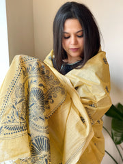 Pale Yellow Handmade Nakshi Kantha Dupatta in Cotton-Silk