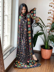 Black Handmade Phulkari Dupatta in Pure Chinon with Gotapatti Handwork