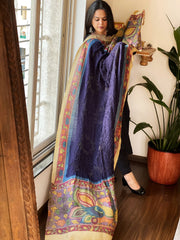 Deep Blue Rai Bandhej Dupatta with Handpainted Kalamkari Pallu in Pure Muga Silk