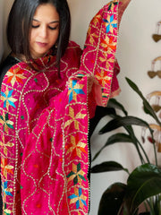 Pink Handmade Phulkari Dupatta in Pure Chinon with Gota Handwork