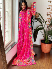 Pink Handmade Phulkari Dupatta in Pure Chinon with Gota Handwork