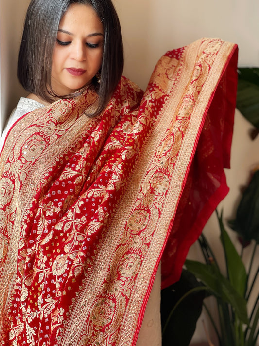 Maroon Neemzari Bandhani Dupatta with Mukaish Handwork in Georgette