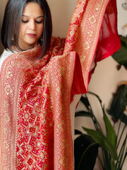 Coral Pink Neemzari Bandhani Dupatta with Mukaish Handwork in Georgette