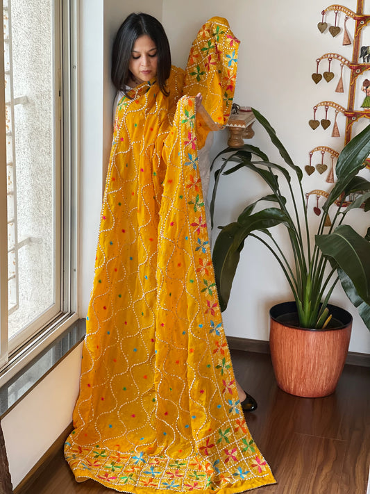 Haldi Yellow Handmade Phulkari Dupatta in Pure Chinon with Gota Handwork