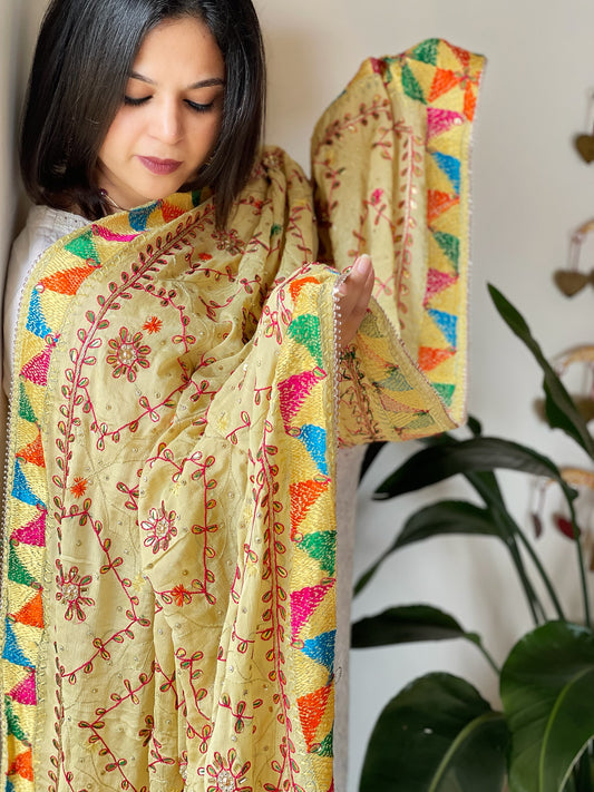 Beige Handmade Phulkari Dupatta in Pure Chinon with Gotapatti Handwork