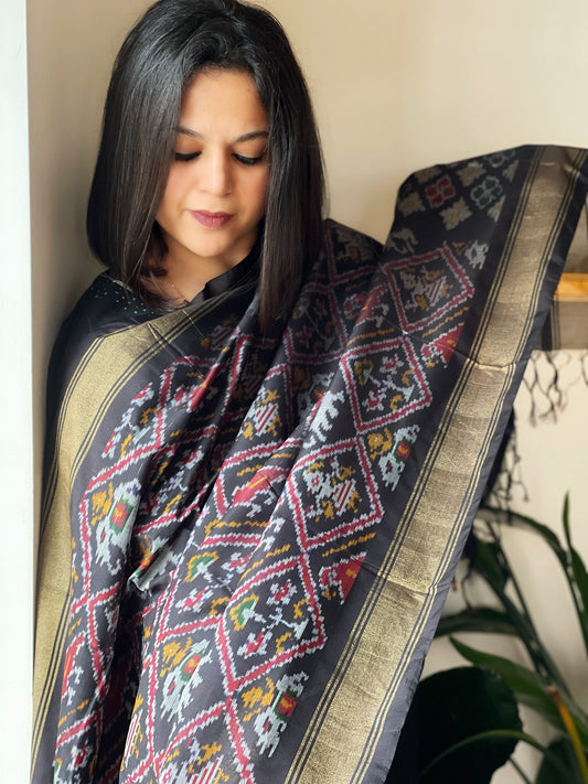 Black Handwoven Ikat Dupatta Pure Silk-Cotton