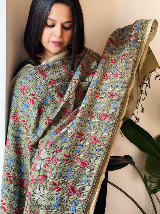 Green Handmade Nakshi Kantha Dupatta in Cotton-Silk