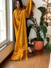 Mustard Handwoven Ikat Dupatta Pure Silk-Cotton