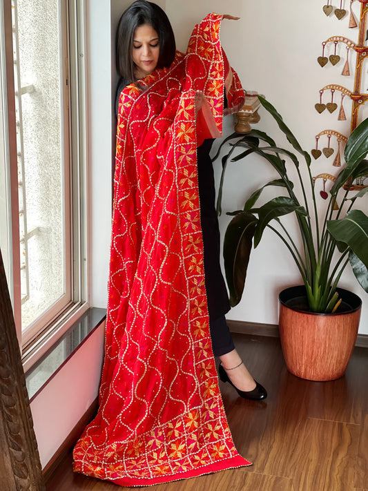 Red Handmade Phulkari Dupatta in Pure Chinon with Gota Handwork