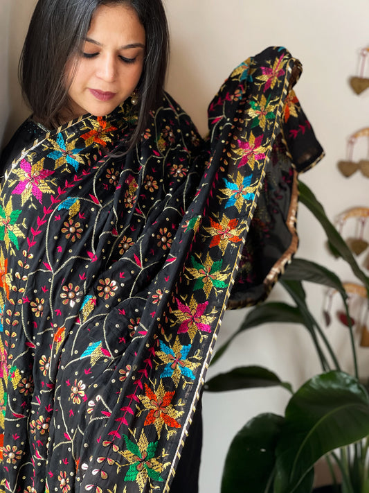 Black Handmade Phulkari Dupatta in Pure Chinon with Gotapatti Handwork