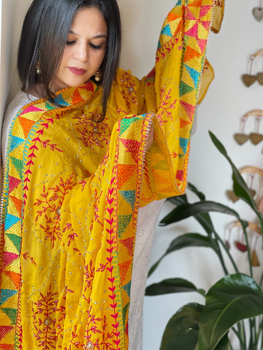 Yellow Handmade Phulkari Dupatta in Pure Chinon with Gotapatti Handwork