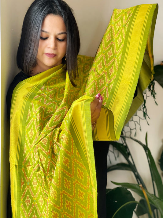 Lime Green Handwoven Ikat Dupatta Pure Silk-Cotton