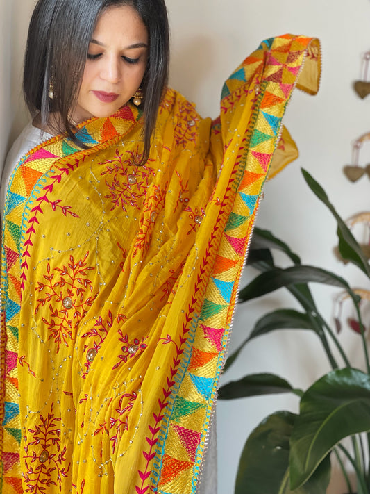 Yellow Handmade Phulkari Dupatta in Pure Chinon with Gotapatti Handwork