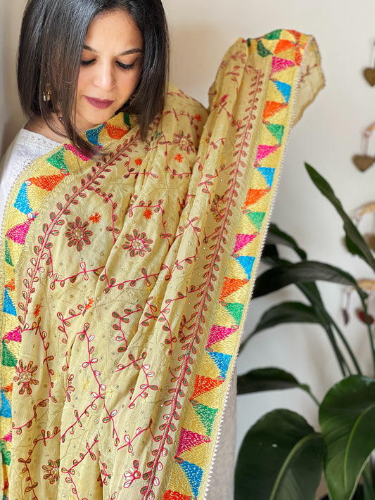 Beige Handmade Phulkari Dupatta in Pure Chinon with Gotapatti Handwork