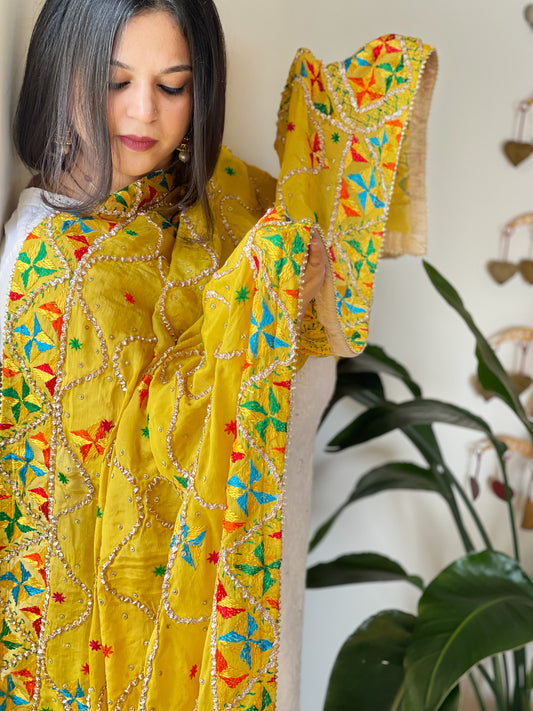 Yellow Handmade Phulkari Dupatta in Pure Chinon with Gota Handwork