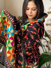 Black Handmade Phulkari Dupatta in Pure Chinon with Gotapatti Handwork