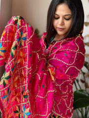 Pink Handmade Phulkari Dupatta in Pure Chinon with Gota Handwork